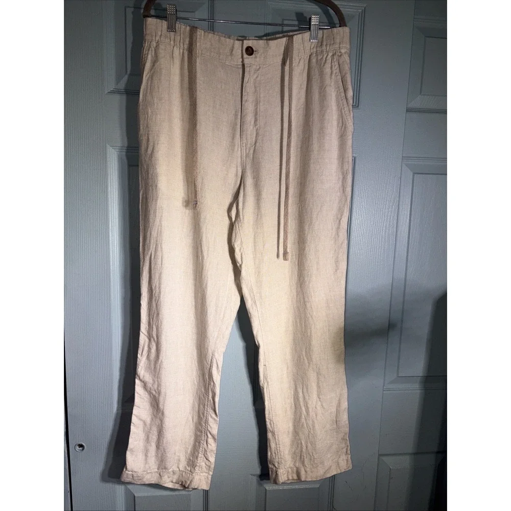 Caribbean 100% Linen Pants Men's Size 36x30 Tan Drawstring Resort Summer